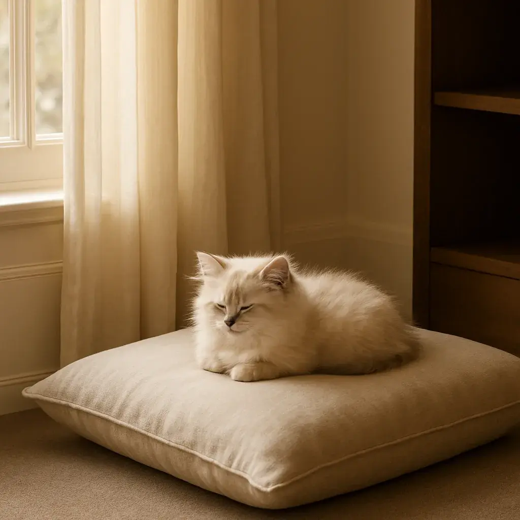 A kitten resting in a serene, sunlit home environment